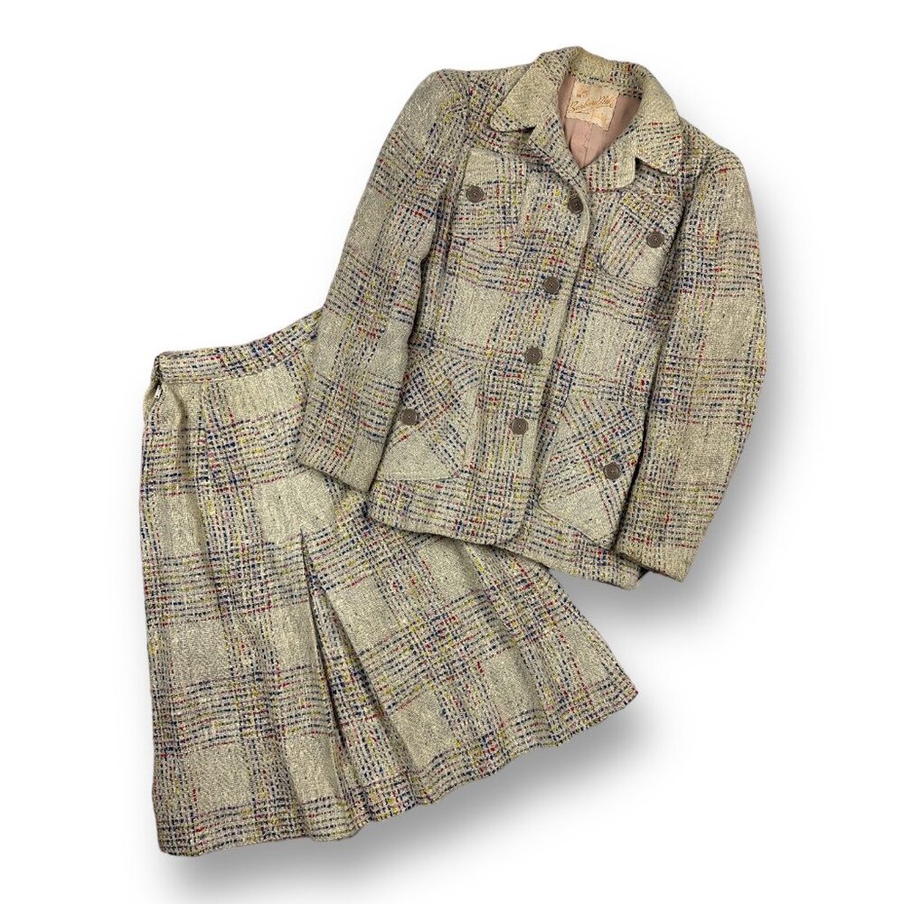 Vintage 80s Woven Wool Tweed Plaid Jacket Top Skirt Barbara Blake Juniors Set